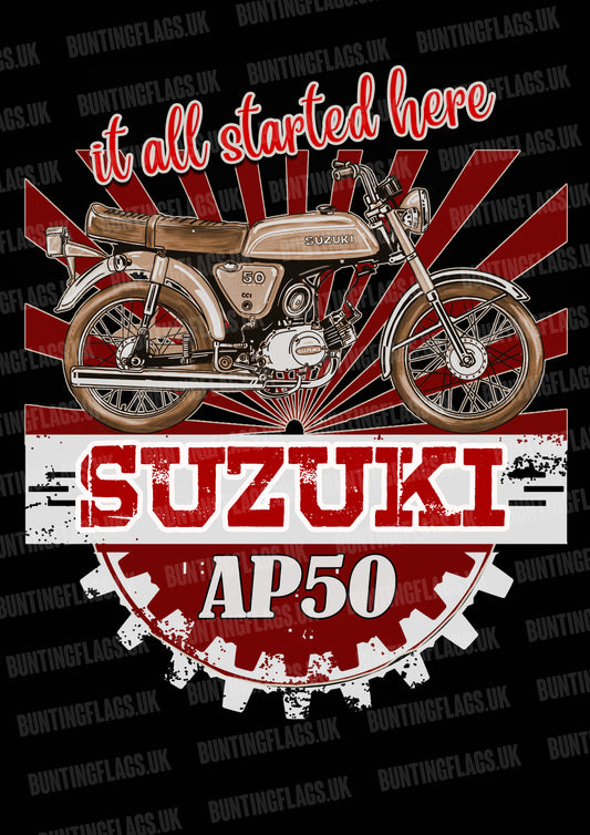 Suzuki AP50 motorcycle poster with red starburst design and 'it all started here' text.