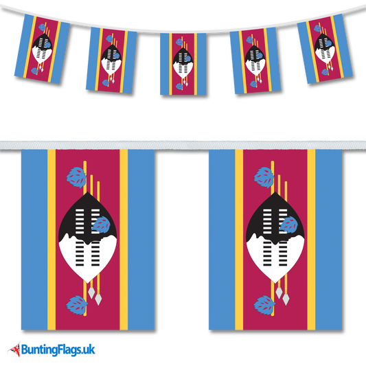 Eswatini (Swaziland) country flag bunting hanging in a length, along with a close-up view showcasing the flag's design.
