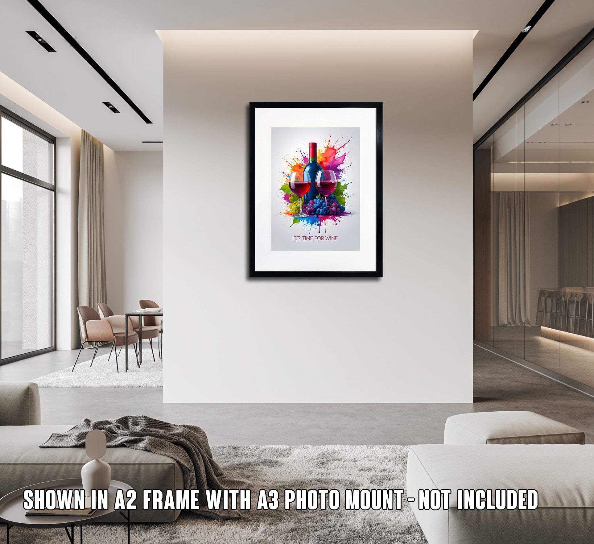 A wine themed poster it's time for wine with grapes and paint splatters behine a bottle of red wine and two glasses