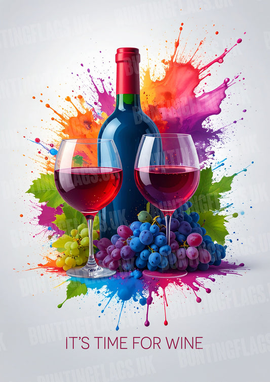 Wine bottle and glasses with colorful splashes and grapes on a white background