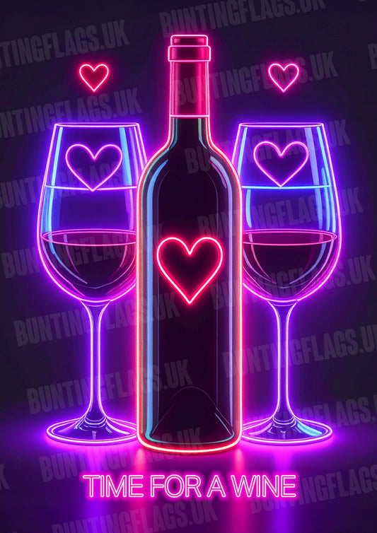 Neon wine bottle and glasses with heart designs and 'Time for a Wine' text on a dark background.