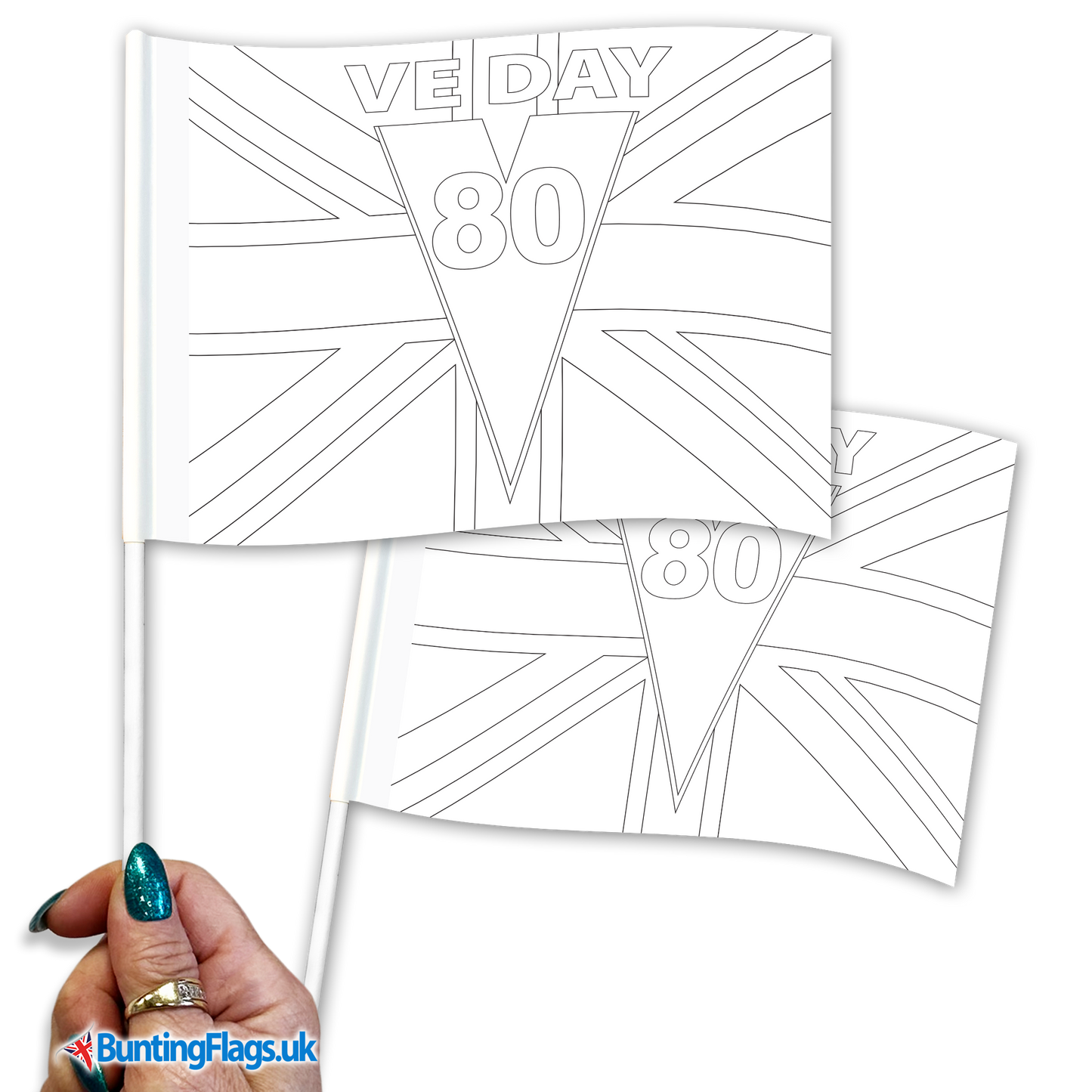 VE Day 80 Colouring Hand Waving Flag Pack