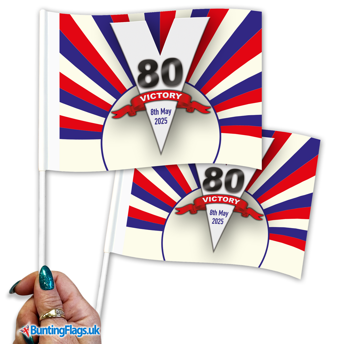 VE Day 80th Anniversary V Chevron Design Hand Waving Flag Pack