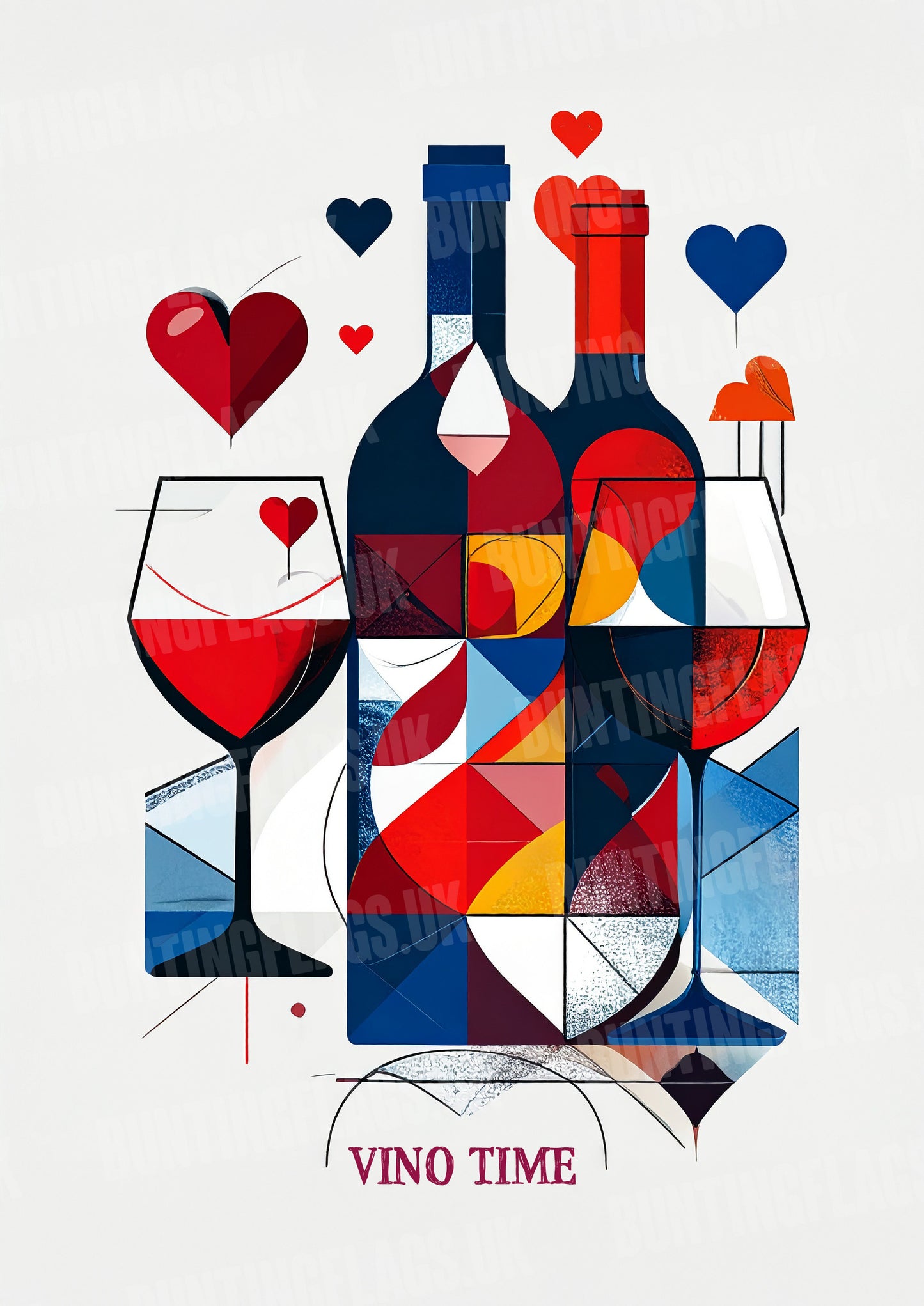 Colorful abstract design of wine bottles and glasses with hearts, featuring the text 'Vino Time'.