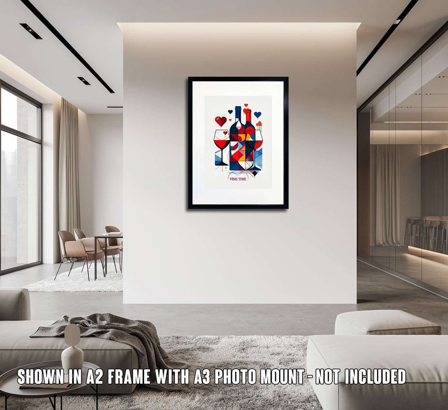 Framed modern artwork of a wine bottle and glasses in a modern living room with the words 'Vino Time'