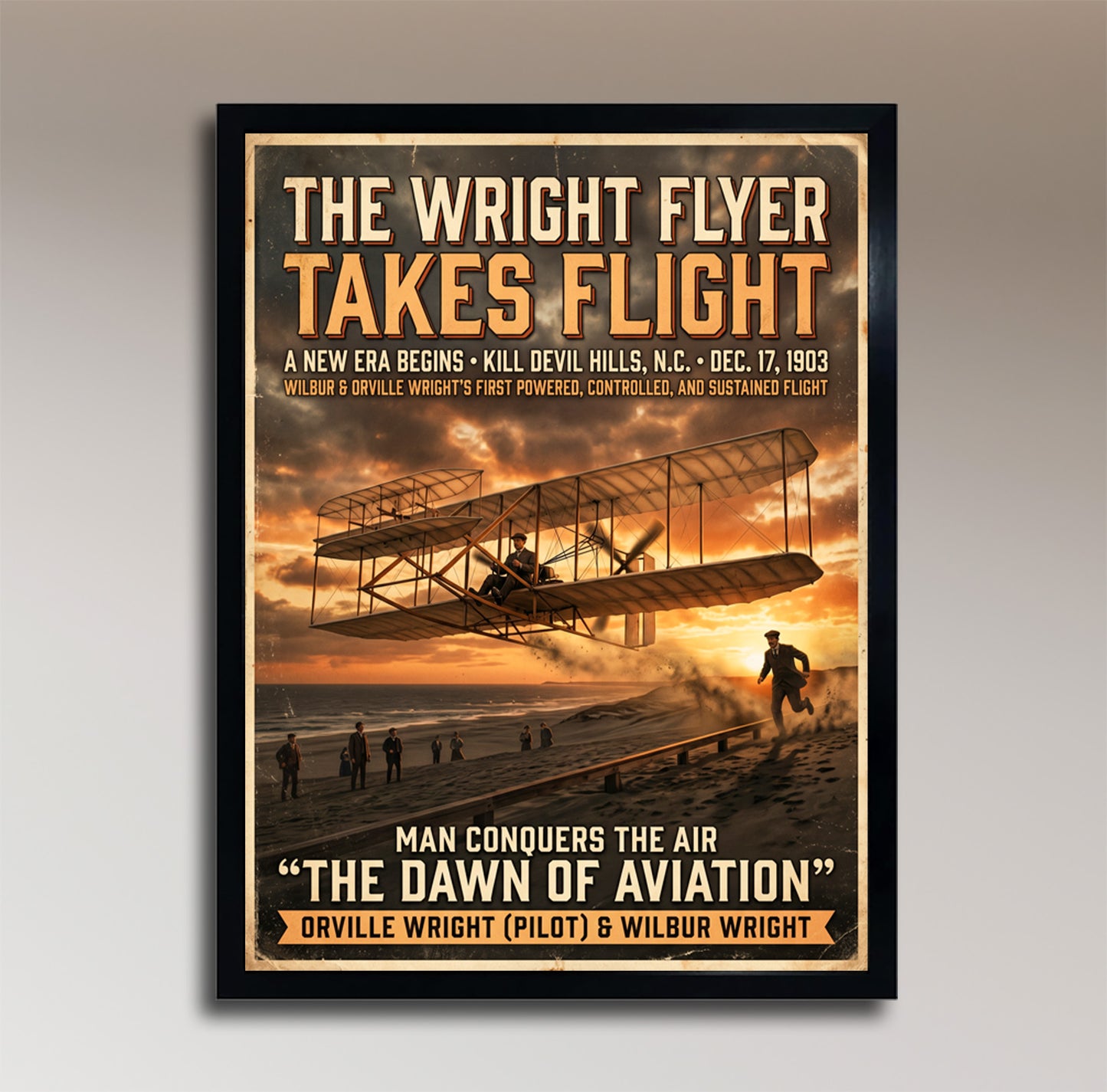 The Wright Flyer – The Dawn of Aviation – Kitty Hawk, December 17, 1903 – Vintage Poster
