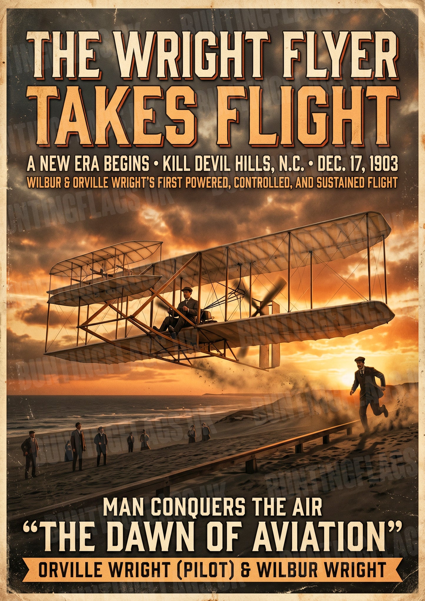 The Wright Flyer – The Dawn of Aviation – Kitty Hawk, December 17, 1903 – Vintage Poster