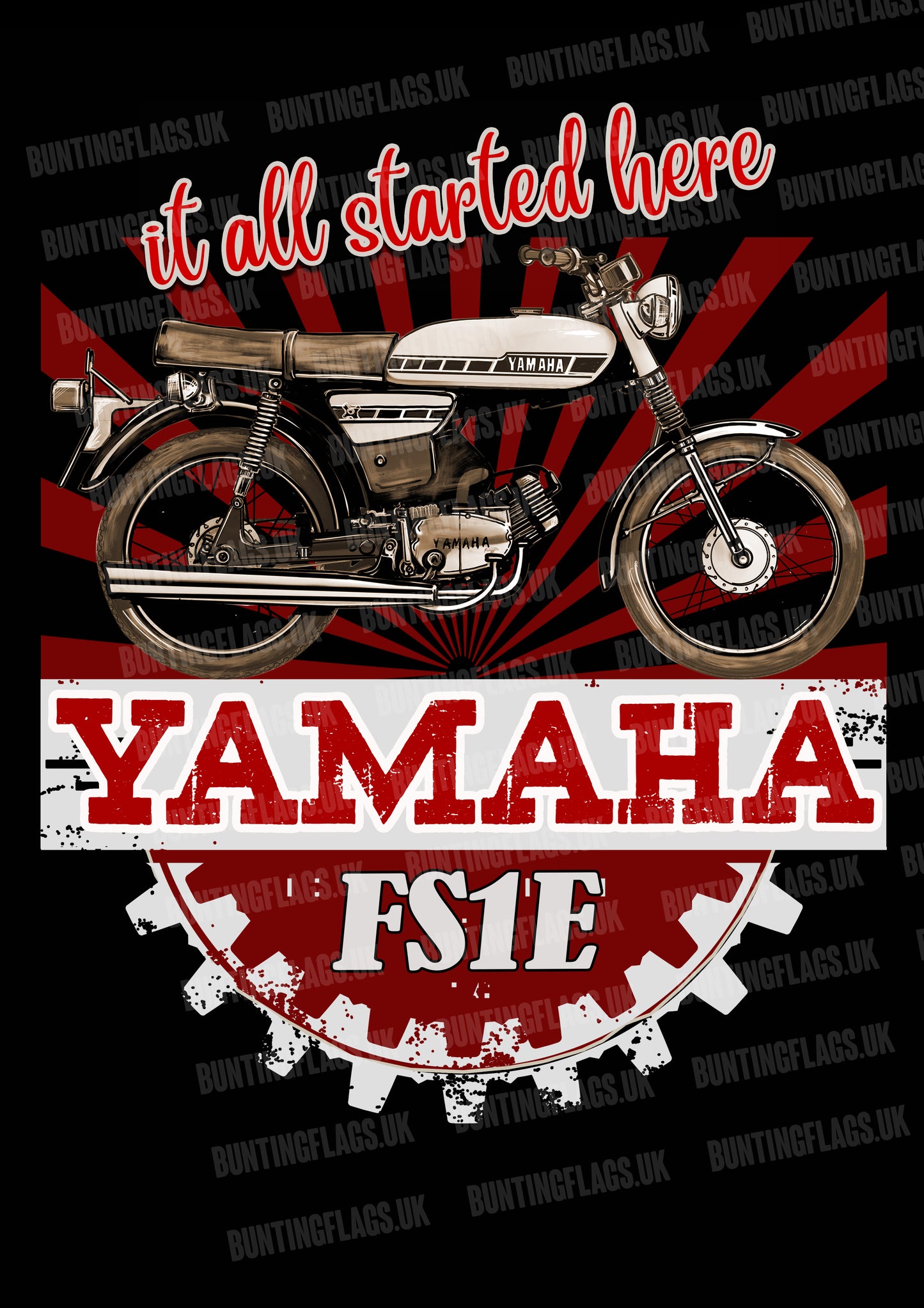 Yamaha FS1E motorcycle poster with text 'it all started here' on a black background.
