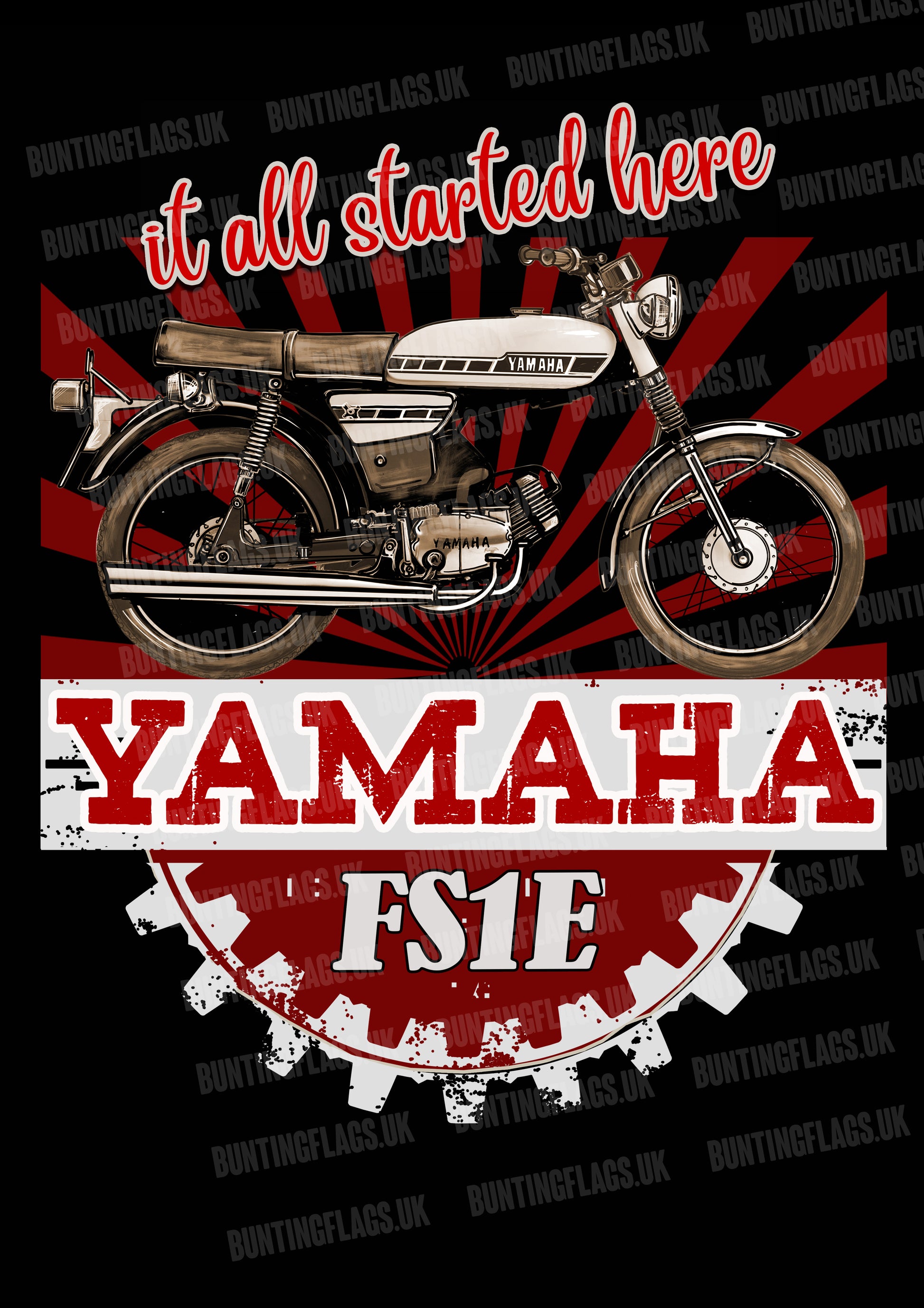 Yamaha FS1E motorcycle poster with text 'it all started here' on a black background.
