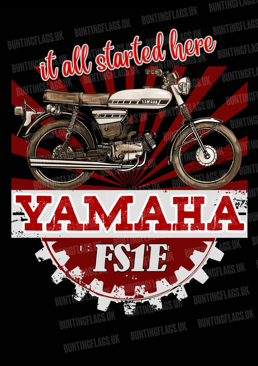 Yamaha FS1E motorcycle poster with text 'it all started here' on a black background.